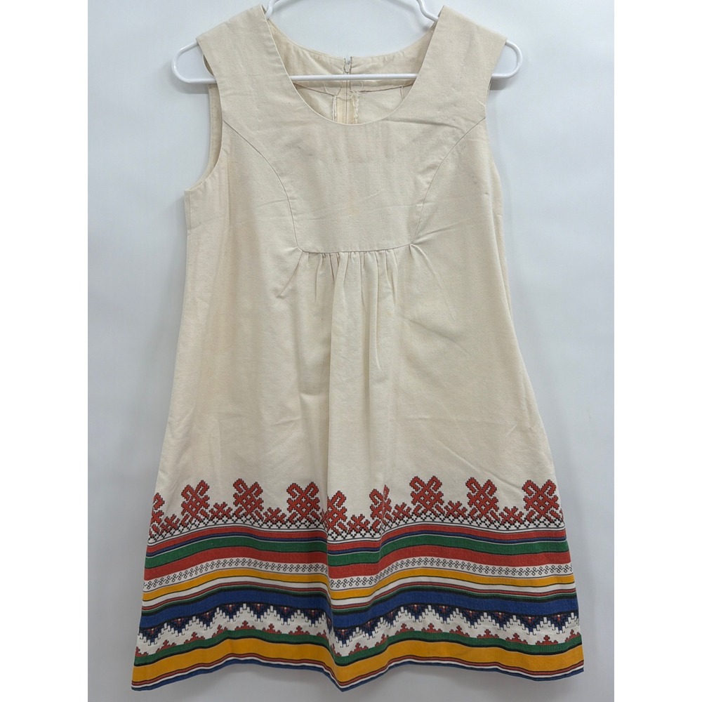 Vintage Handmade Folk Border Print Shift Dress Cream Sleeveless Mini 1960s 70s